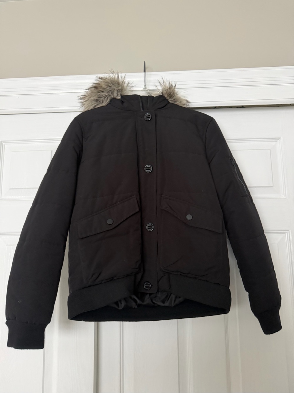 Lucky Brand Black Puffer Jacket with Faux Fur Trim Hood